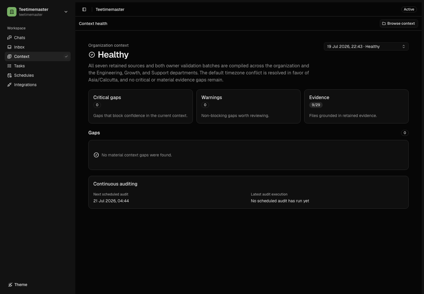 Oblive context health showing a healthy organization with no critical gaps or warnings