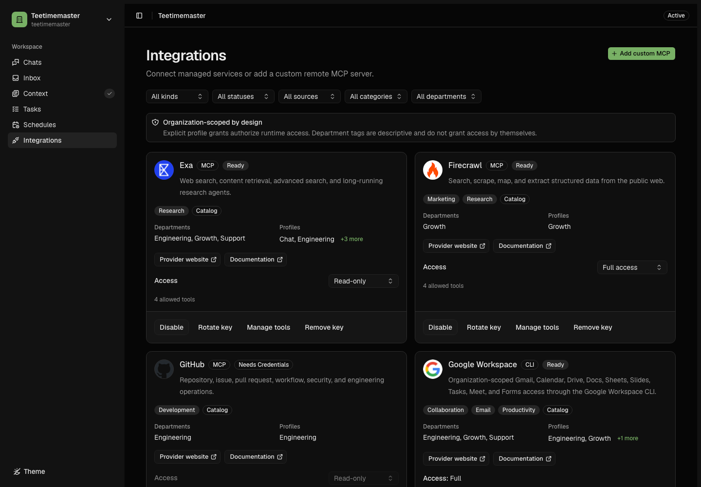 Oblive integrations catalog showing MCP and CLI providers with readiness and access controls